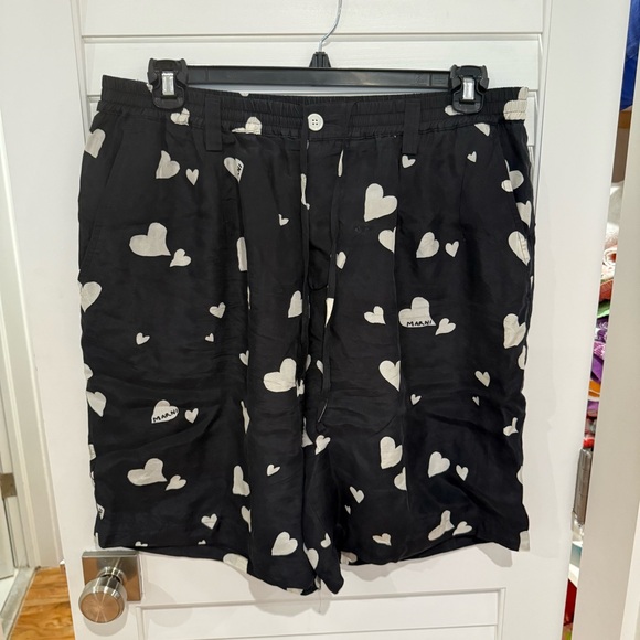 Marni Bunch Of Hearts Silk Shorts Sz 52 IT / XL / 42 Elastic Waist Black